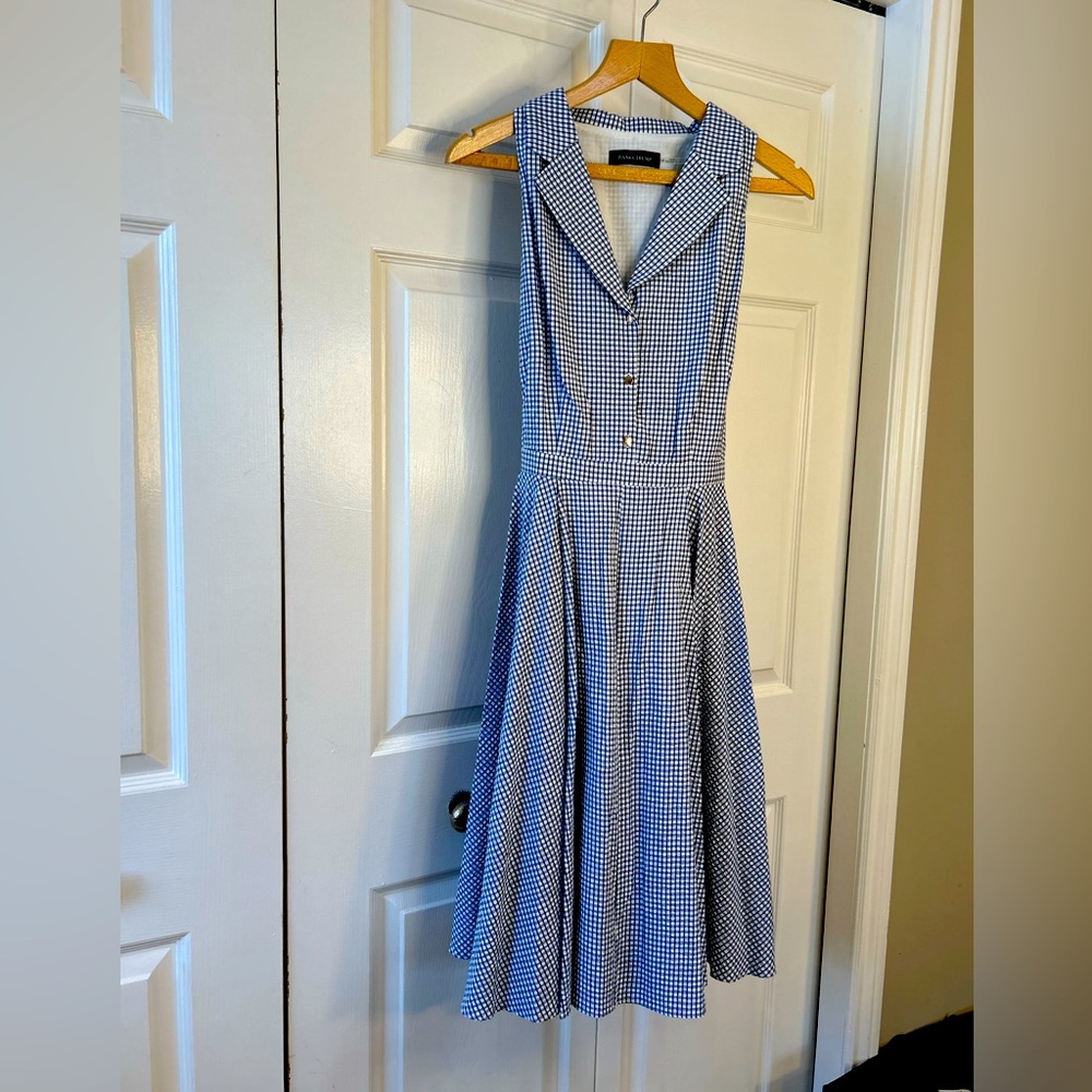 Summer party! Navy/white gingham tea-length fit n flare dress. BNWT. Pockets!